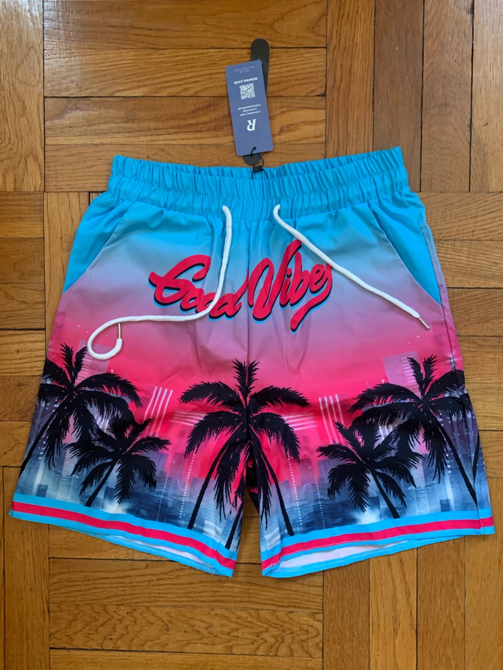 🆕 ROMWE Blue Turquoise to Pink Ombre Palm-Print Swim Shorts